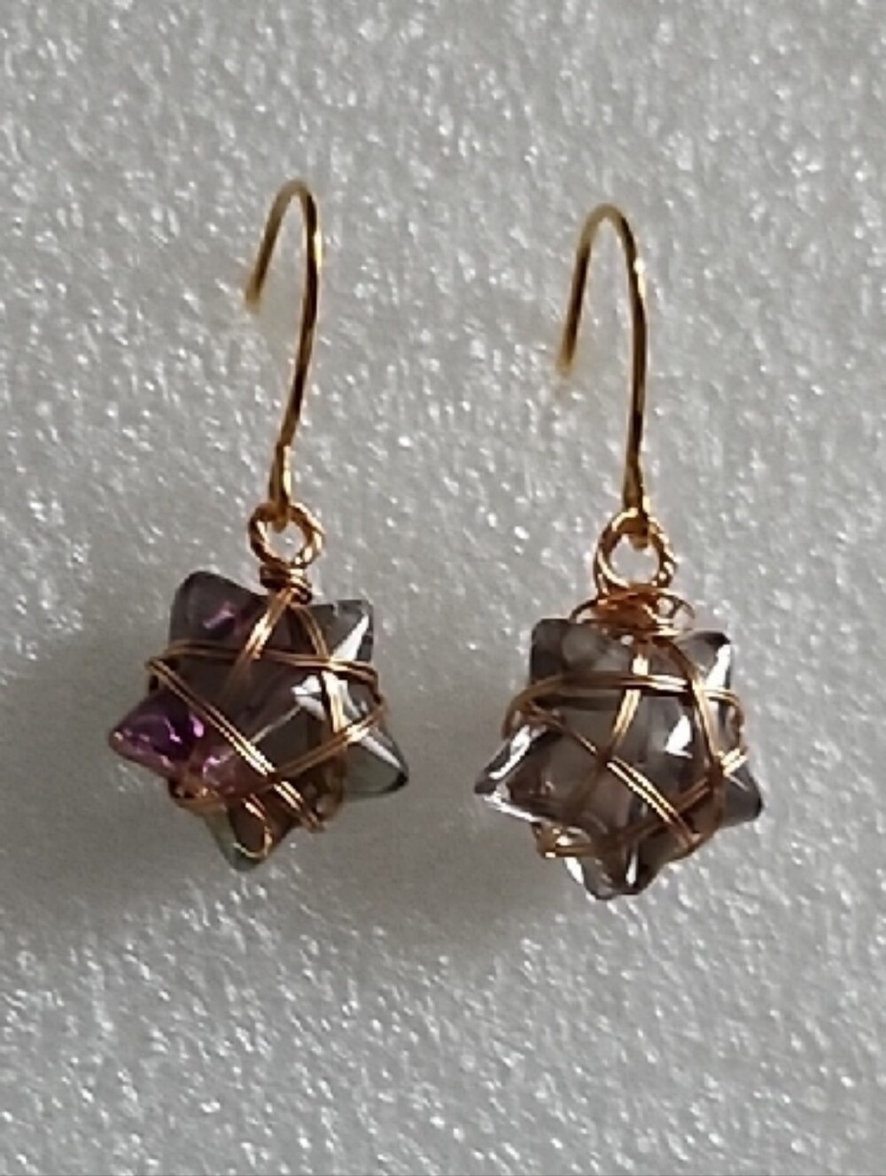 Hand Crafted Rose Gold Wire-Wrapped Star Drop Earrings with Purple Accents